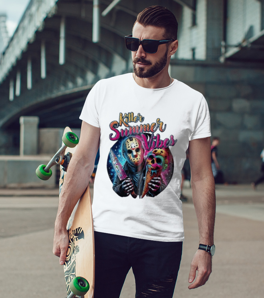 Killer Summer Vibes Hockey Mask Slasher Knife Skull Ice Cream Cone Cosmic T-Shirt