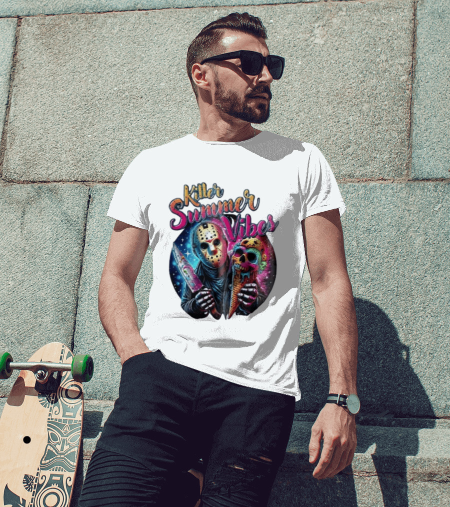 Killer Summer Vibes Hockey Mask Slasher Knife Skull Ice Cream Cone Cosmic T-Shirt