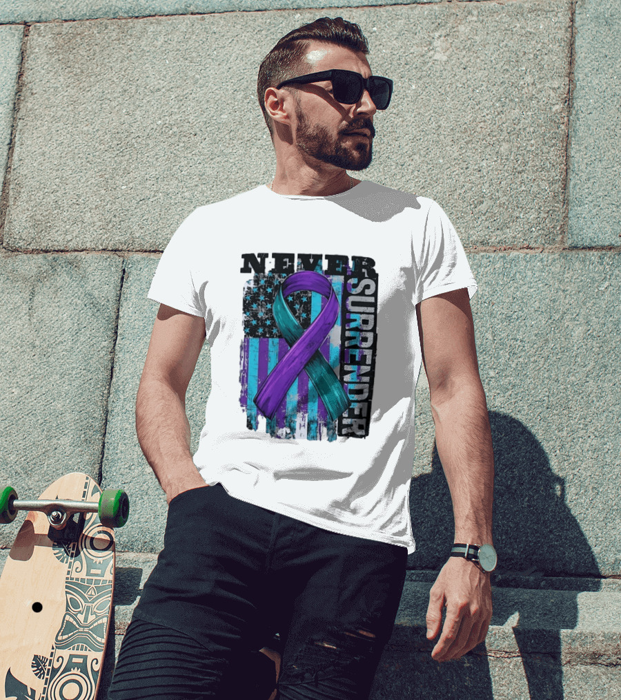 Never Surrender Teal And Purple Awareness Ribbon Distressed Flag T-Shirt