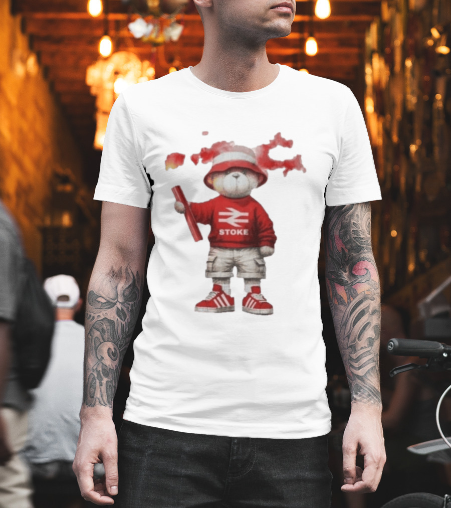Stoke Awaydays Bear With Flare Football Casuals Railway Logo Bucket Hat Red Sneakers T-Shirt