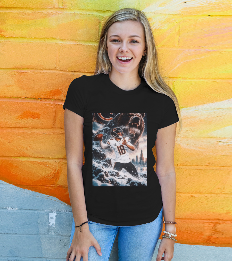 Caleb Williams Chicago Bears Snowy Football Bear Quarterback Number 18 City Skyline T-Shirt