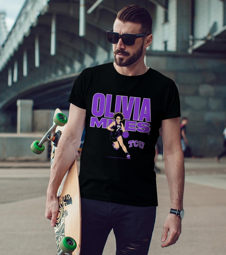 TCU Basketball Olivia Miles Name Pose Purple And White Basketball Player T-Shirt