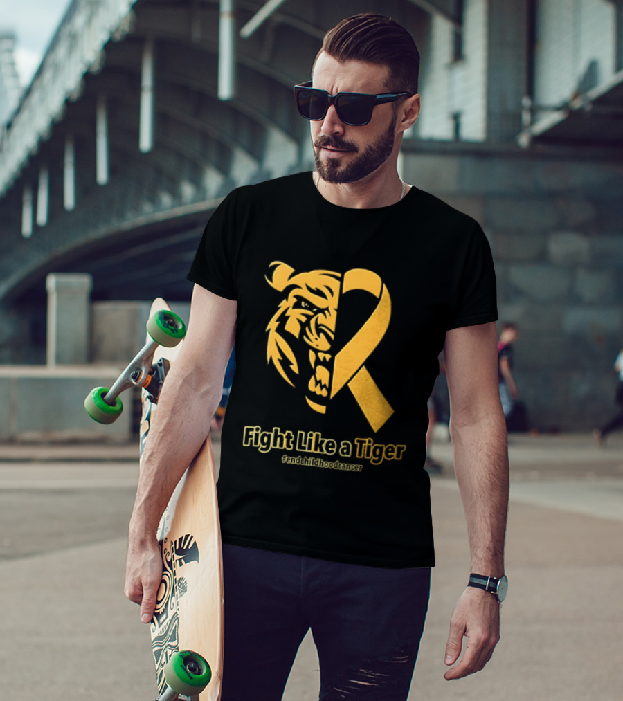 Fight Like A Tiger Childhood Cancer Awareness Gold Ribbon T-Shirt