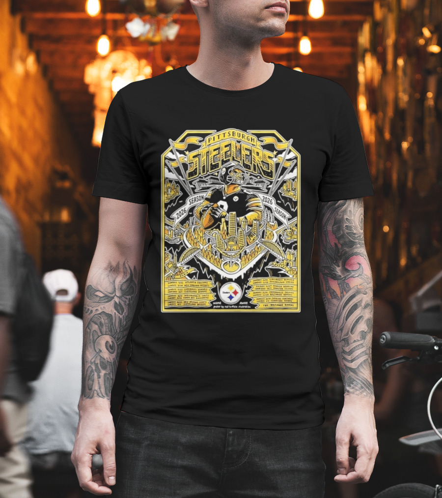 Pittsburgh Steelers 2026 Season Schedule Featuring Iconic Cityscape And Player T-Shirt