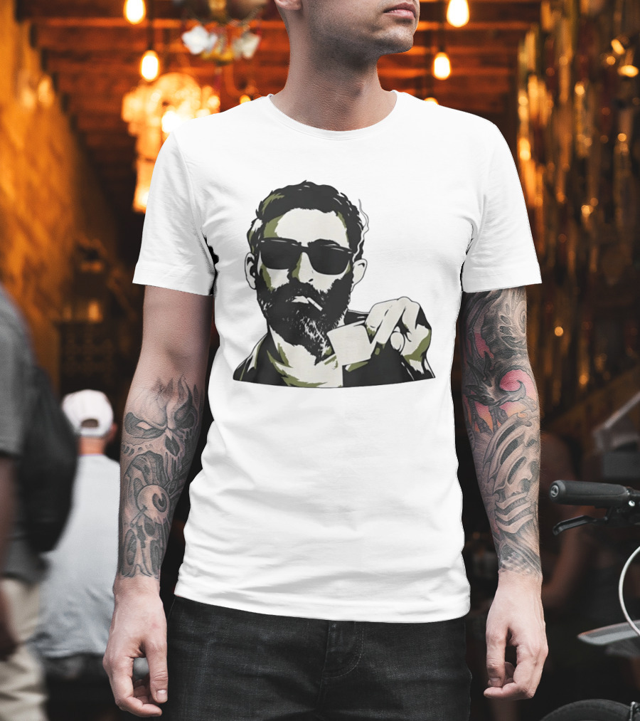 Bearded Man With Sunglasses Smoking Cigarette Holding Blank Card T-Shirt