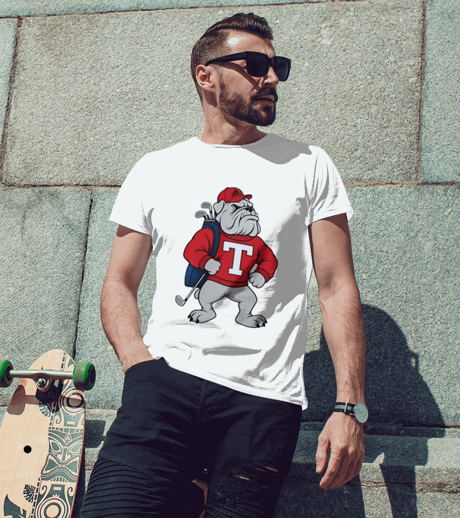 Bulldog Golf Mascot With Letter Sweater And Golf Bag T-Shirt