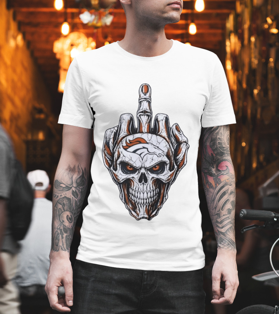 Distressed Denver Broncos Skull With Middle Finger Skeleton Hand T-Shirt