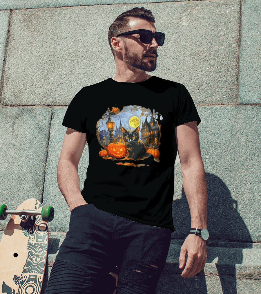 Black Cat Halloween Glowing Jack O' Lantern Haunted Mansion Full Moon Scene T-Shirt