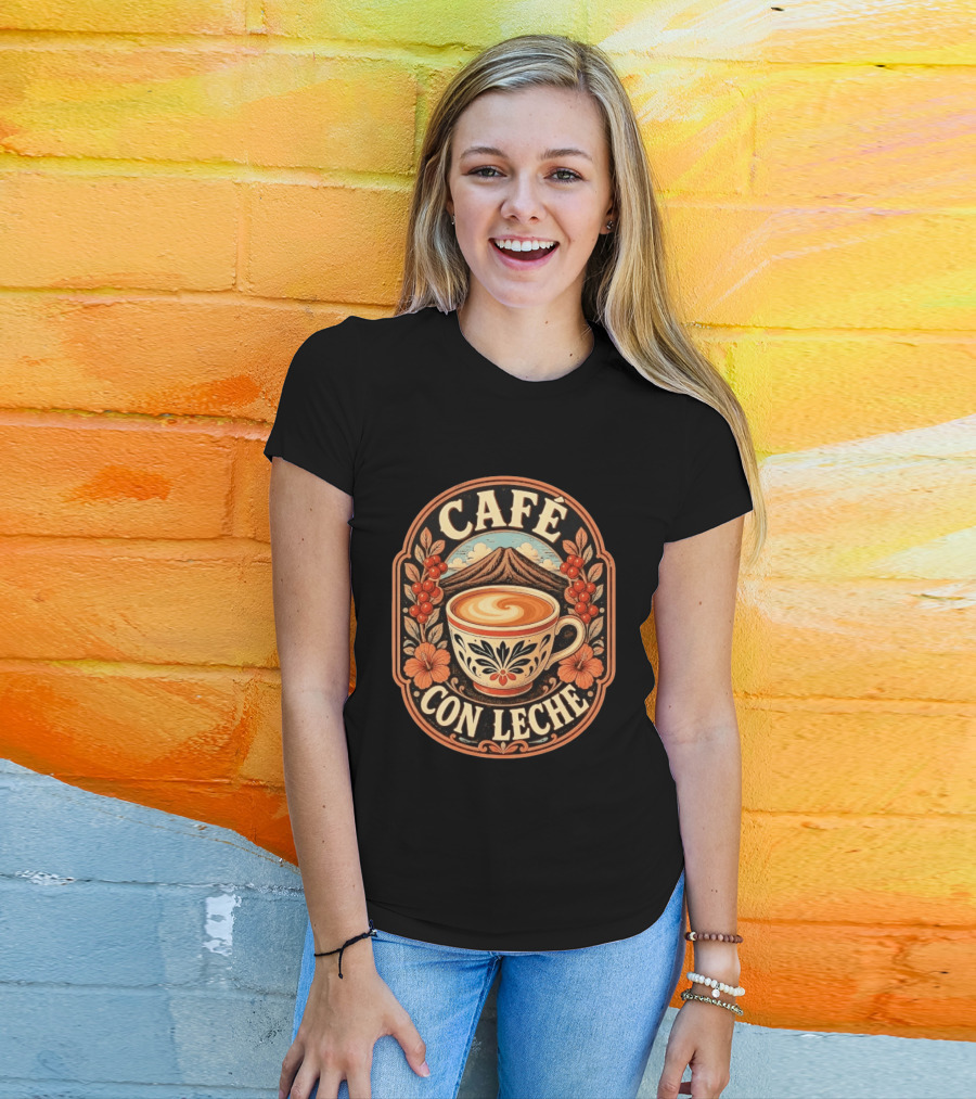 Café Con Leche Coffee Latte Floral Mountain Art Deco T-Shirt