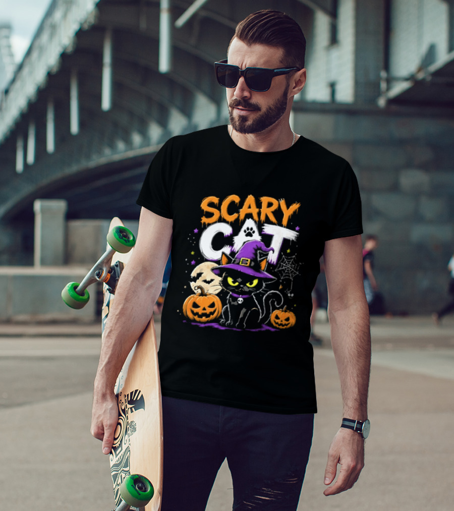 Scary Cat Black Kitten Witch Hat Full Moon Jack O Lanterns Halloween Cartoon T-Shirt