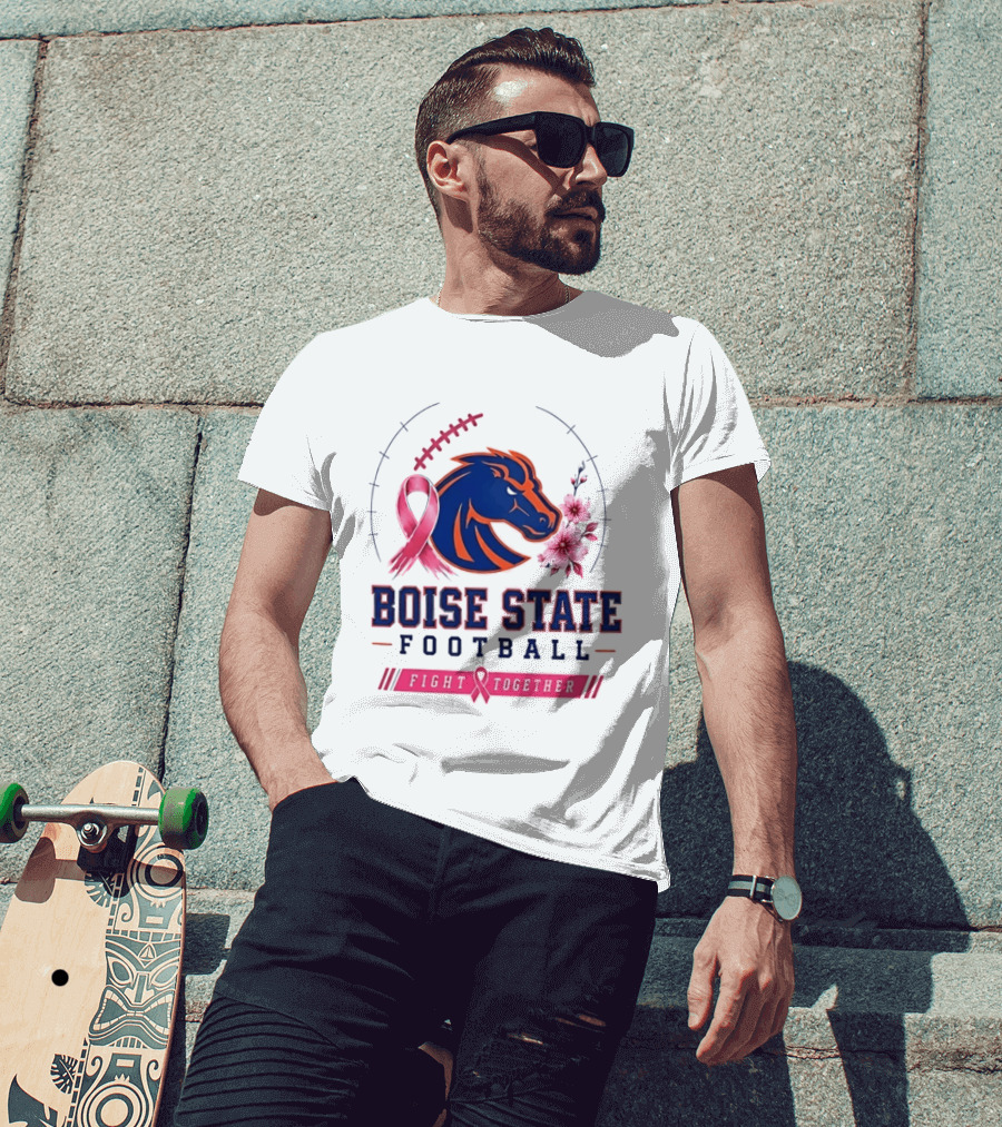 Boise State Broncos Football Fight Together Breast Cancer Awareness Pink Ribbon Flowers T-Shirt