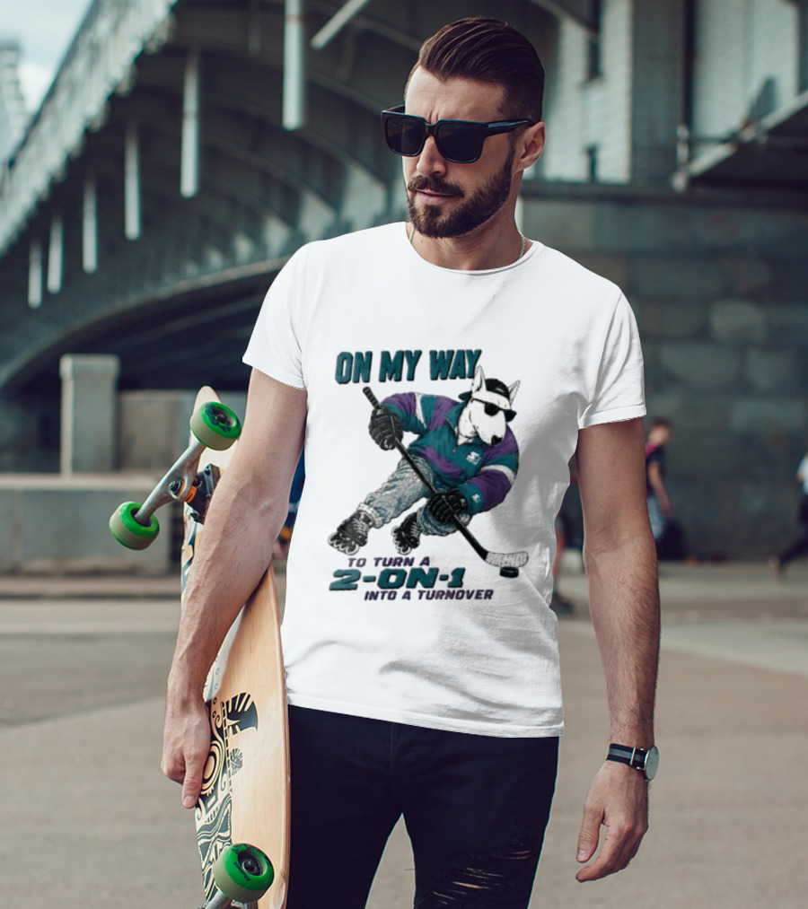 On My Way To Turn A 2 On 1 Into A Turnover Cartoon Bull Terrier Rollerblading Hockey Puck T-Shirt