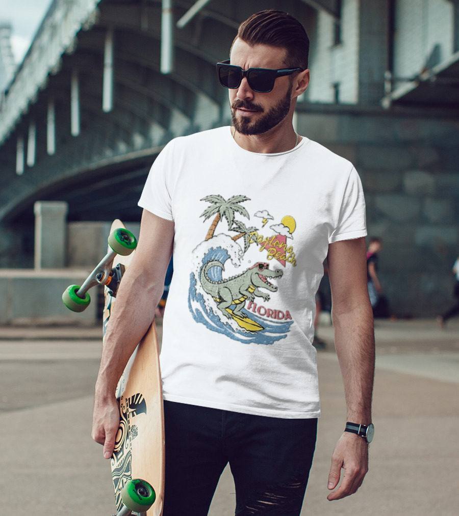 Daytona Beach Florida Surfing Alligator With Palm Trees And Sunglasses T-Shirt