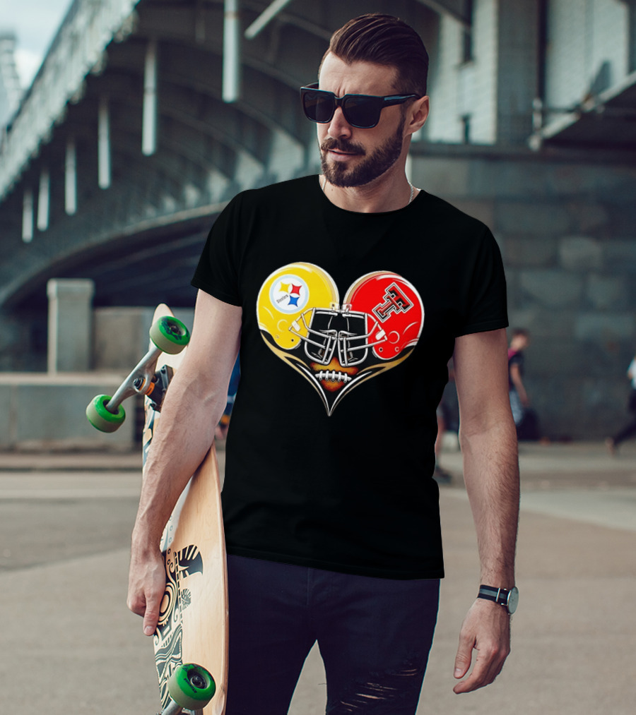 Pittsburgh Steelers Texas Tech Red Raiders Football Helmets Heart T-Shirt