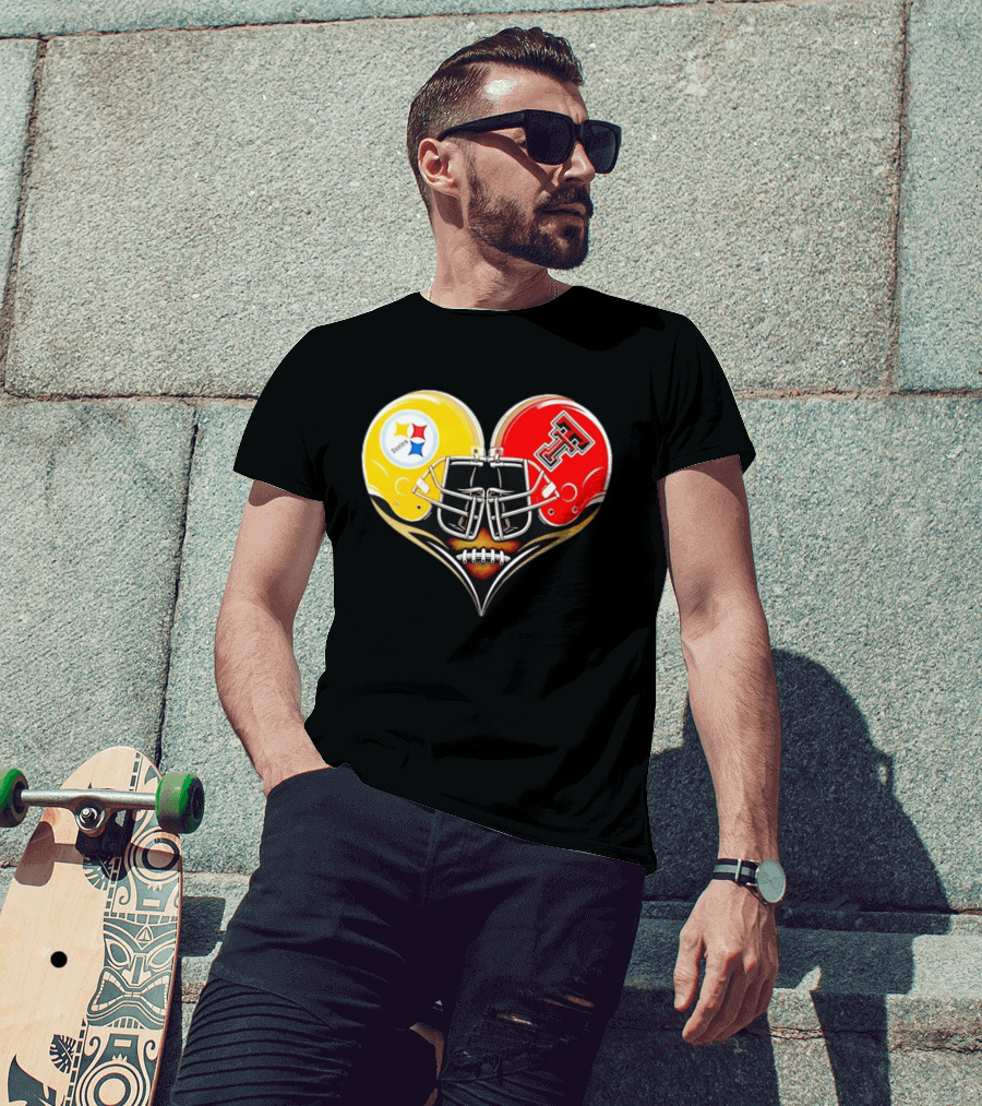 Pittsburgh Steelers Texas Tech Red Raiders Football Helmets Heart T-Shirt