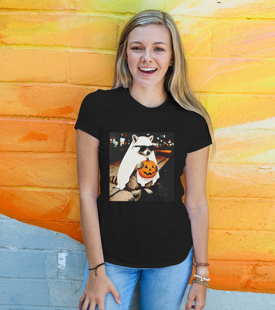 Raccoon Ghost Sunglasses Pumpkin Halloween Street Scene T-Shirt