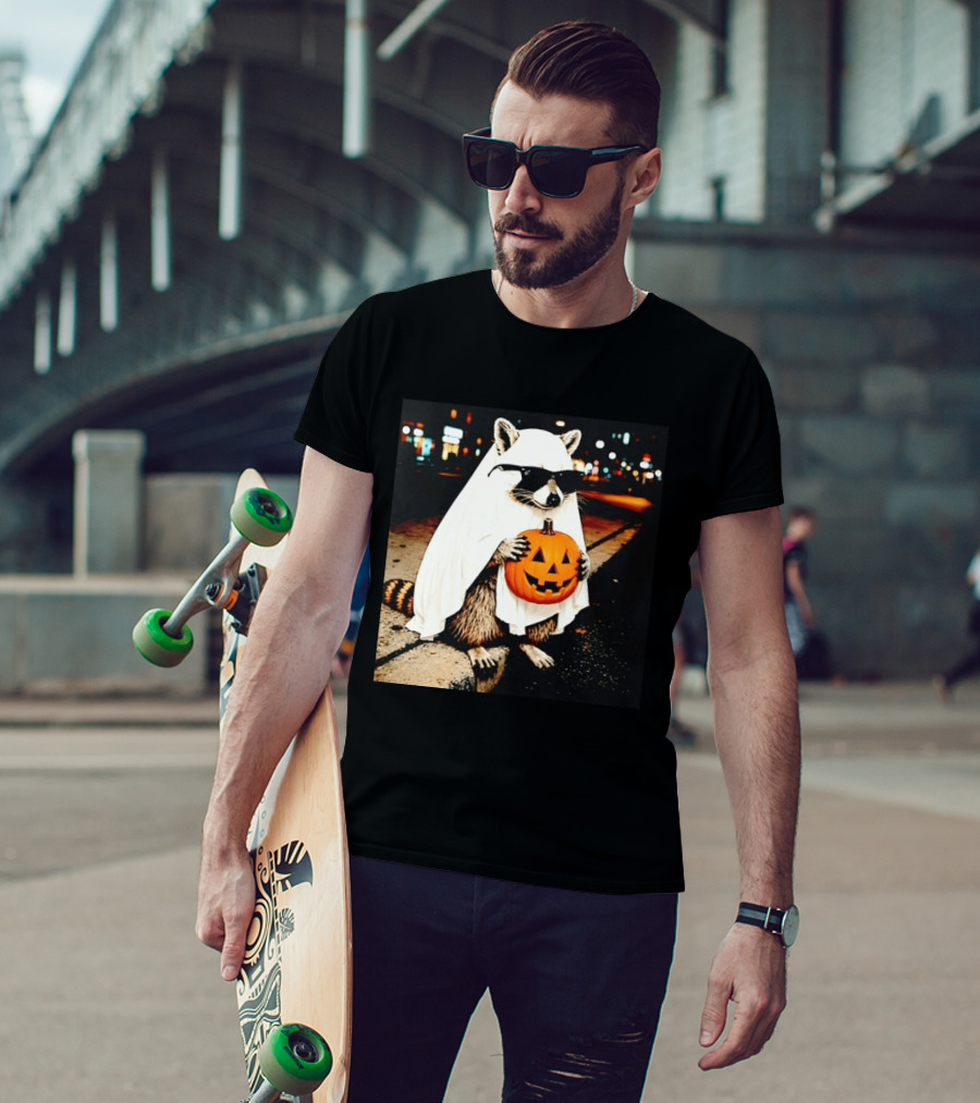 Raccoon Ghost Sunglasses Pumpkin Halloween Street Scene T-Shirt