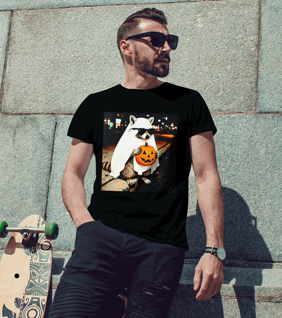 Raccoon Ghost Sunglasses Pumpkin Halloween Street Scene T-Shirt