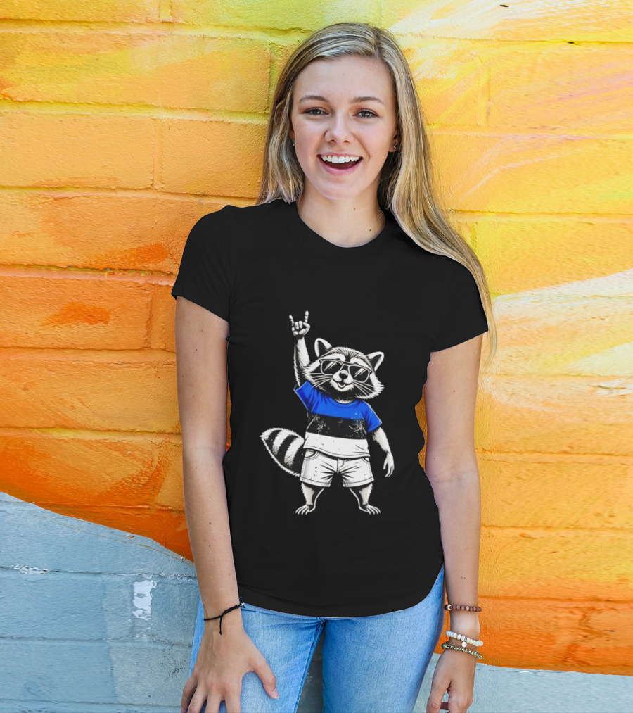Rocking Raccoon Estonia Flag Style With Sunglasses And Hand Gesture T-Shirt