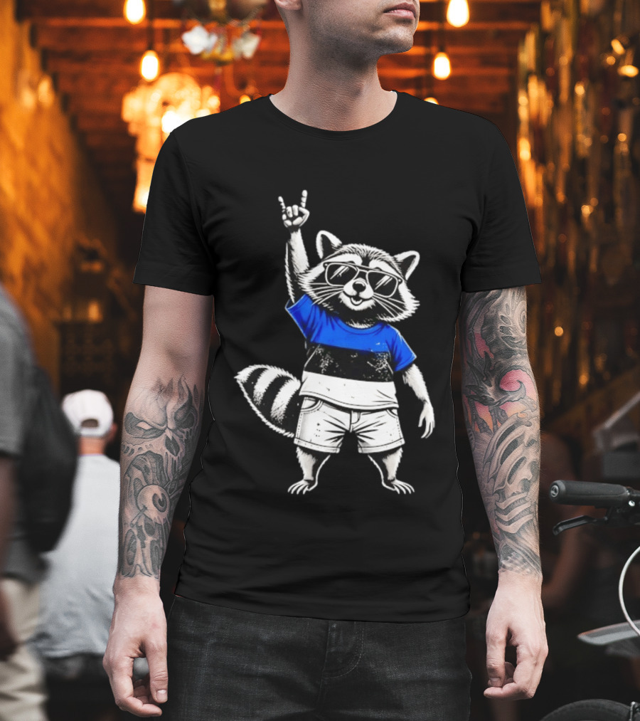 Rocking Raccoon Estonia Flag Style With Sunglasses And Hand Gesture T-Shirt