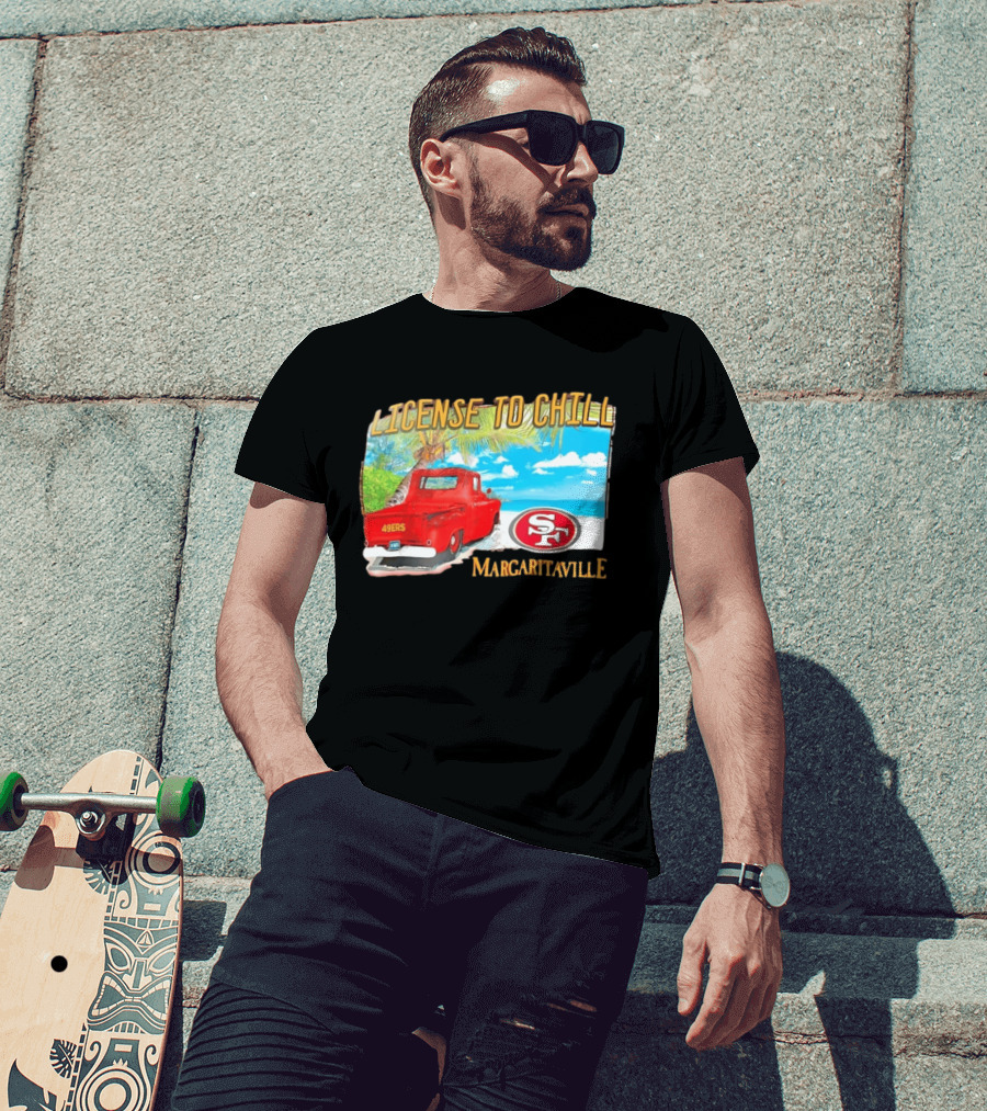 San Francisco 49ers License To Chill Margaritaville Beach Scene Vintage Truck T-Shirt