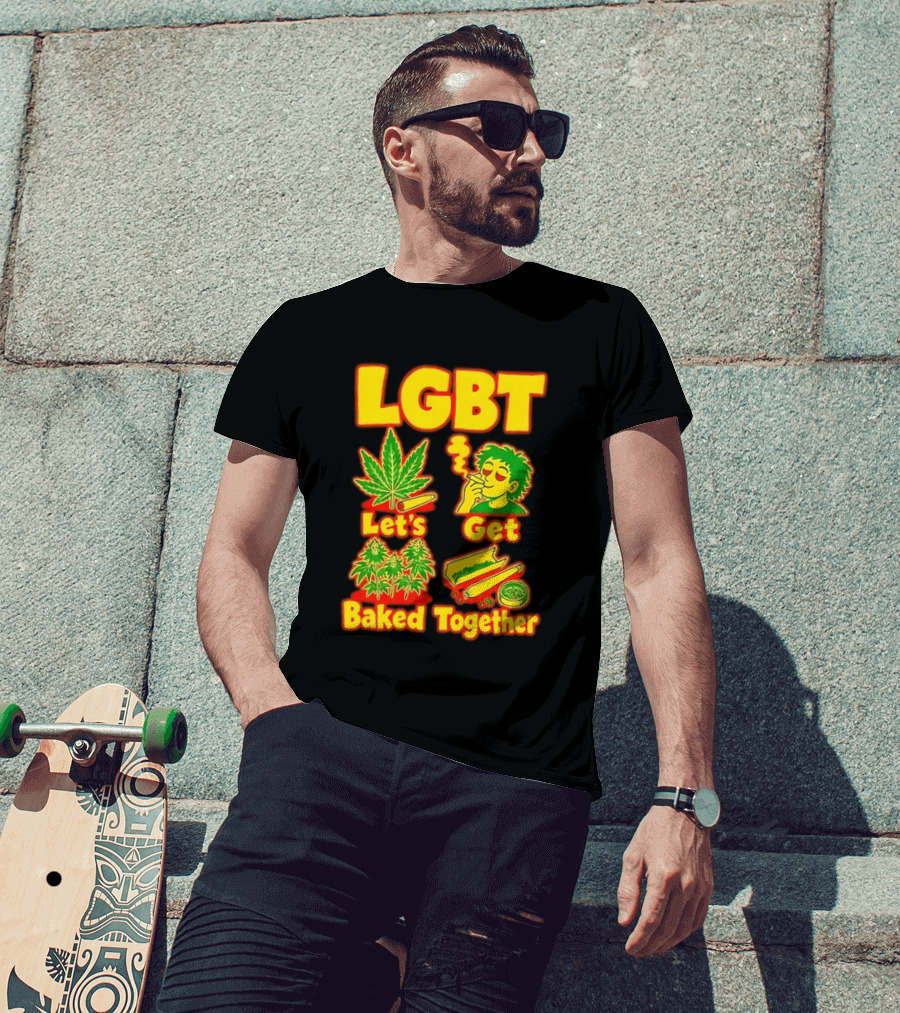 LGBT Let's Get Baked Together Cannabis Marijuana Leaf Smoking Fun T-Shirt