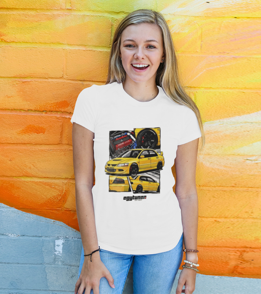 Mitsubishi Egytuner Est 2003 Yellow Lancer Evolution Engine Wheel Panels T-Shirt
