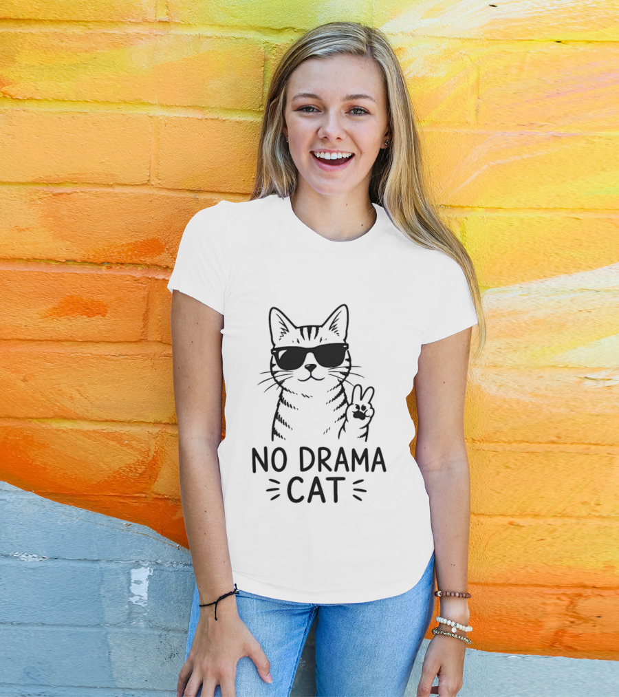 No Drama Cat Sunglasses Peace Sign T-Shirt