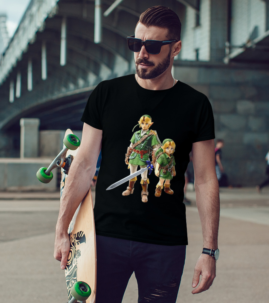 Adult And Young Link Green Tunic Warrior Sword Shield Render T-Shirt