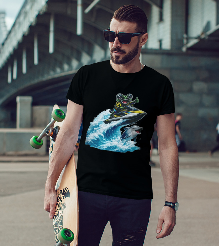 Cartoon Frog Thumbs Up Riding Jet Ski With Dolphin On Ocean Wave T-Shirt