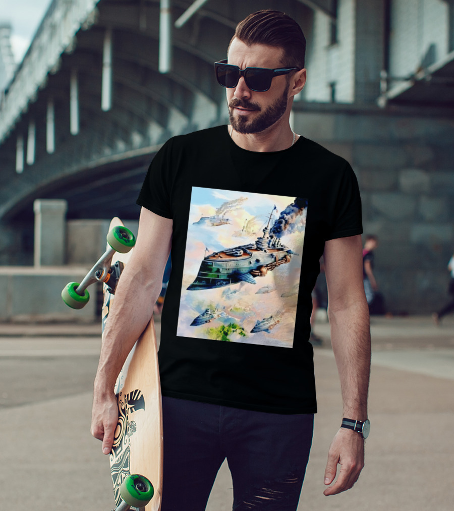 Steampunk Flying Battleship Armada Soaring Through The Clouds T-Shirt