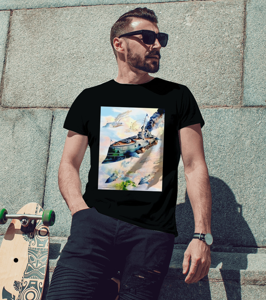 Steampunk Flying Battleship Armada Soaring Through The Clouds T-Shirt