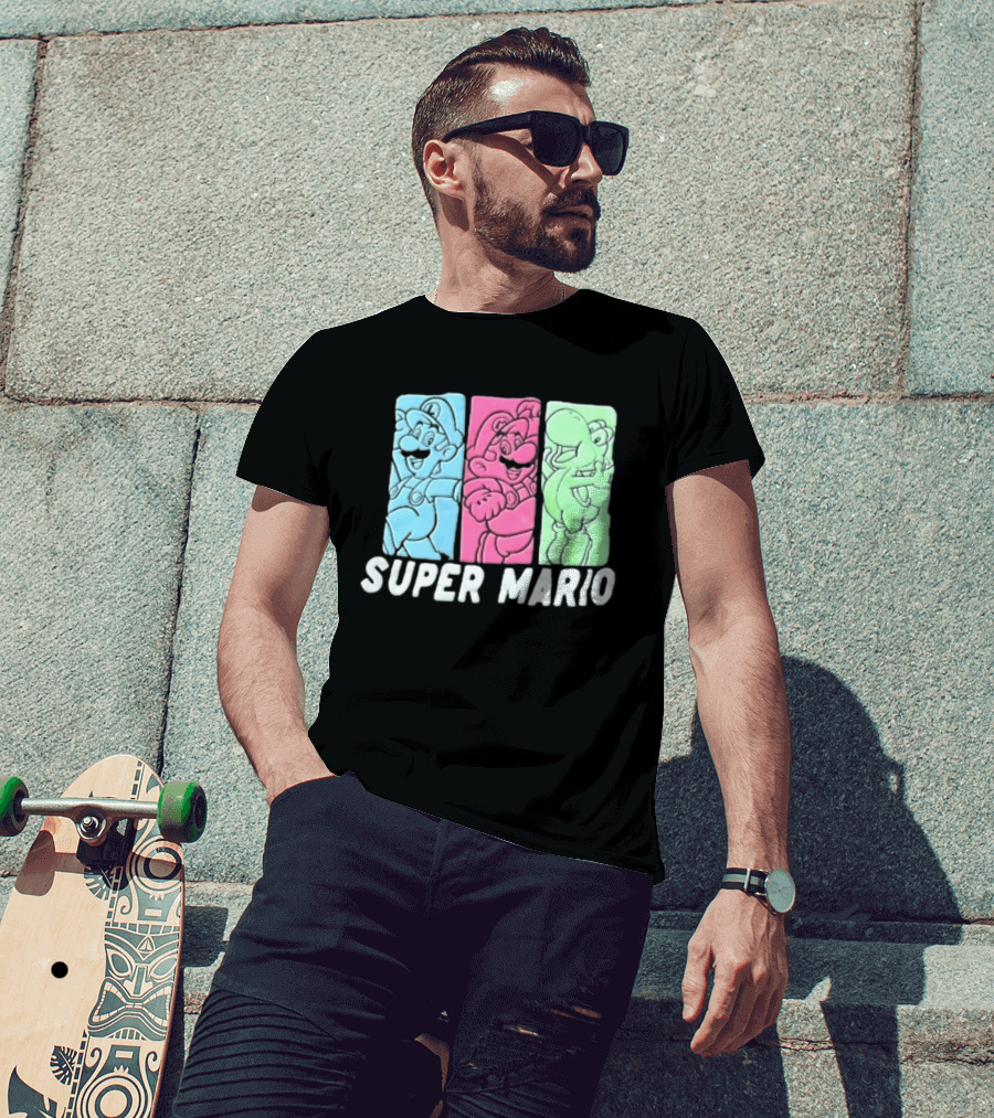 Super Mario Luigi Yoshi Characters Colorful Panels T-Shirt