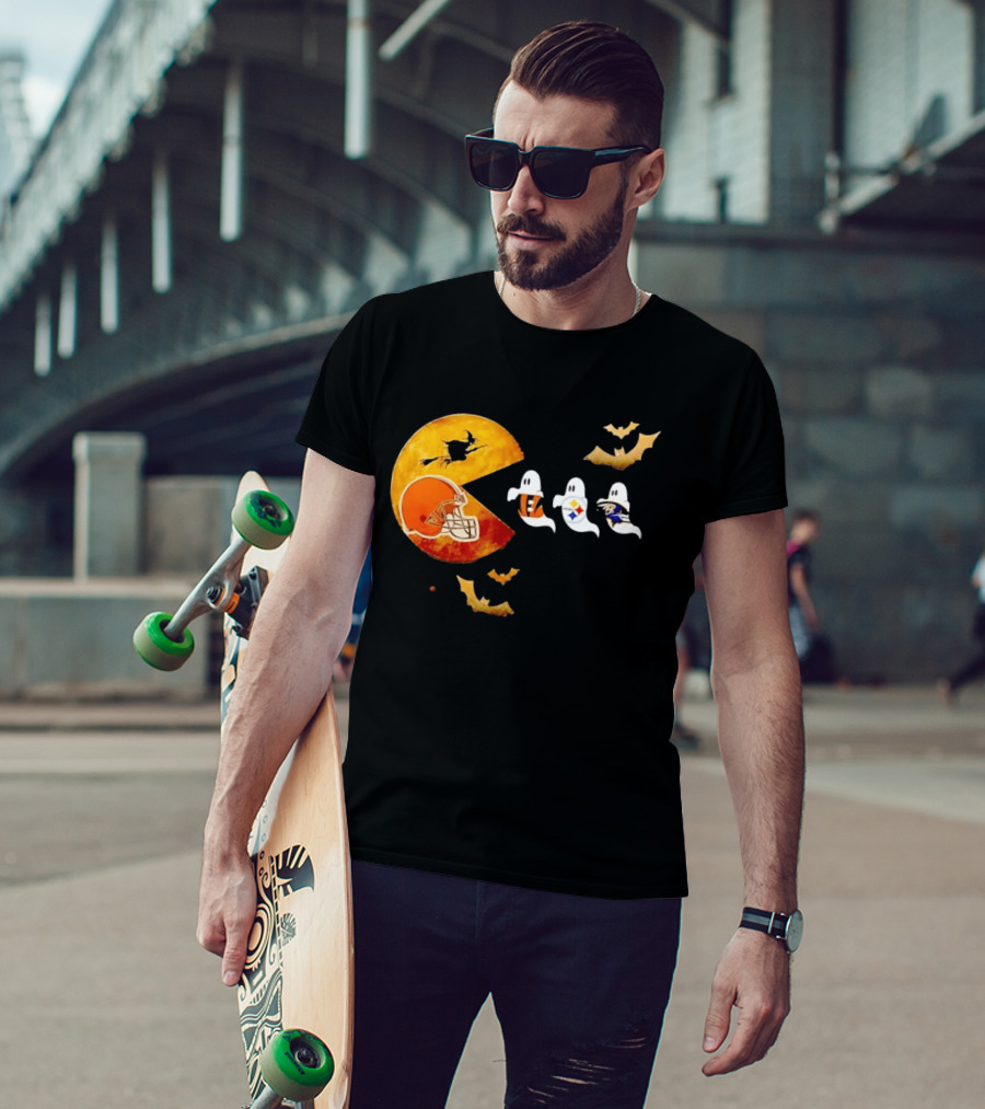 Cleveland Browns Pac Man Vs Bengals Steelers Ravens Halloween Battle T-Shirt