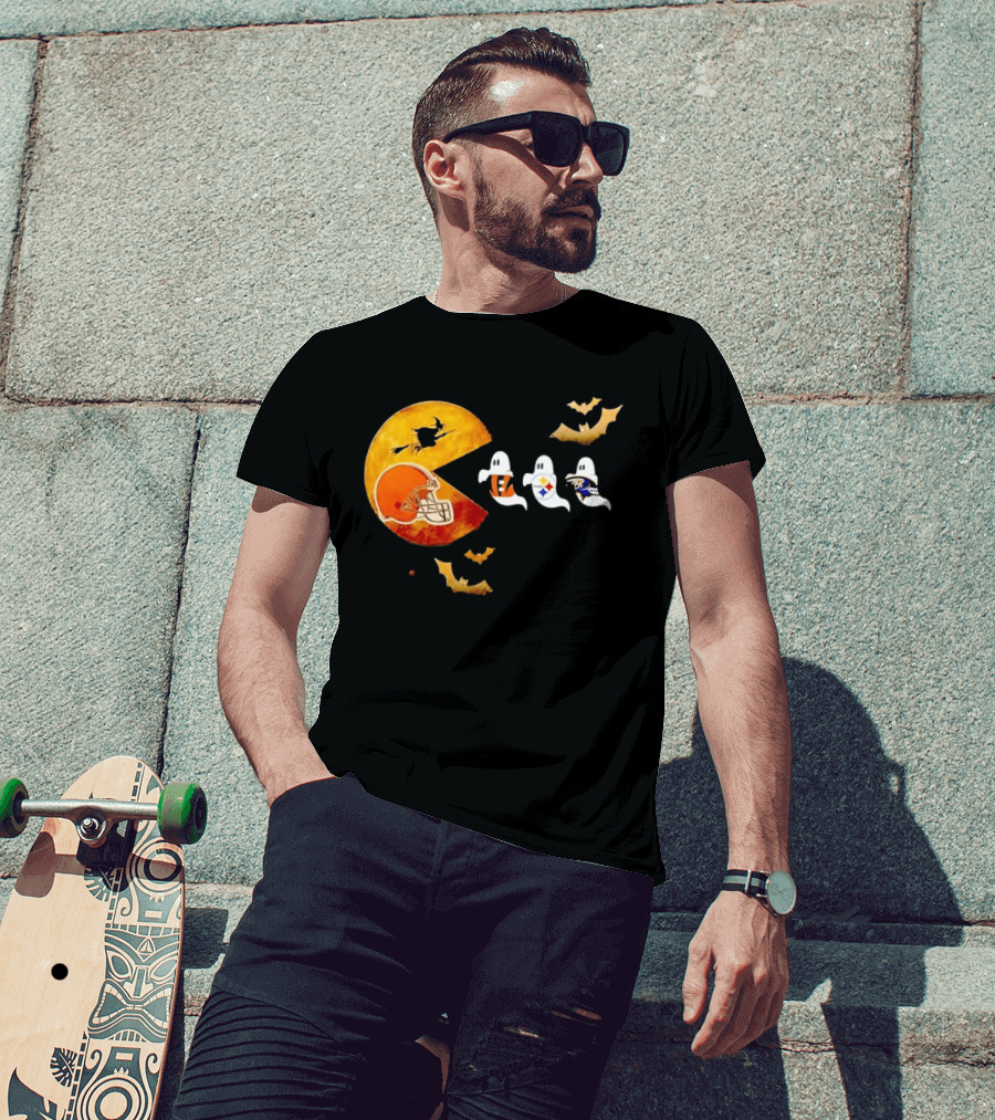 Cleveland Browns Pac Man Vs Bengals Steelers Ravens Halloween Battle T-Shirt
