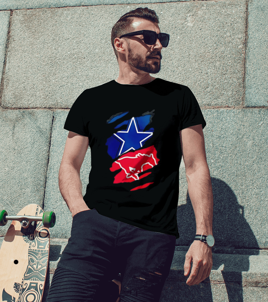 Dallas Cowboys Star And SMU Mustangs Red Ripped Effect T-Shirt