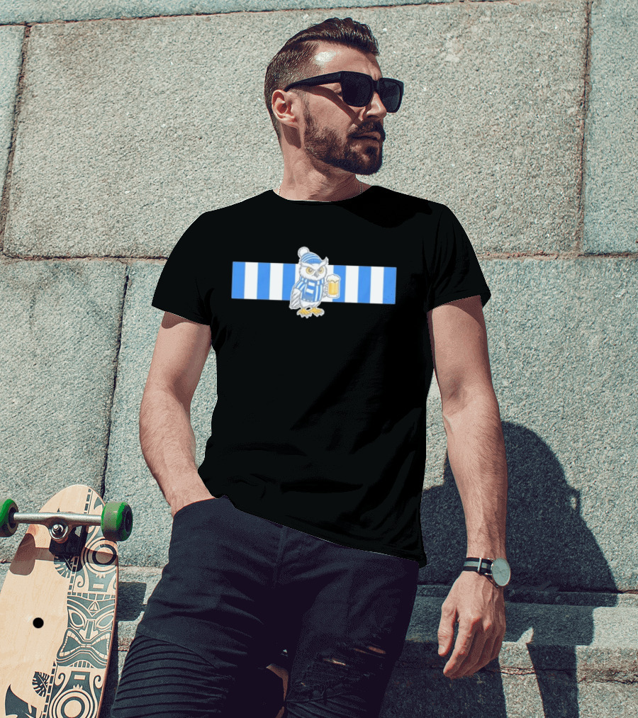 Owl In Blue And White Stripes With Beer T-Shirt