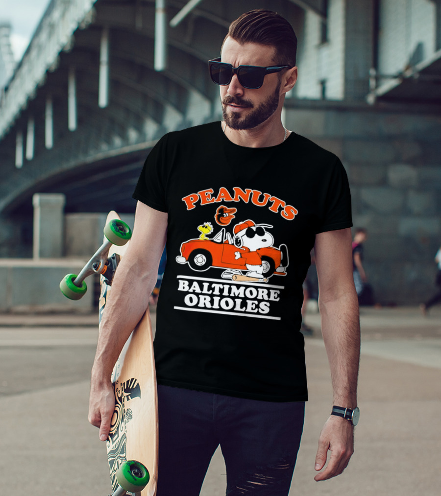 Peanuts Snoopy And Woodstock Driving Baltimore Orioles Car T-Shirt