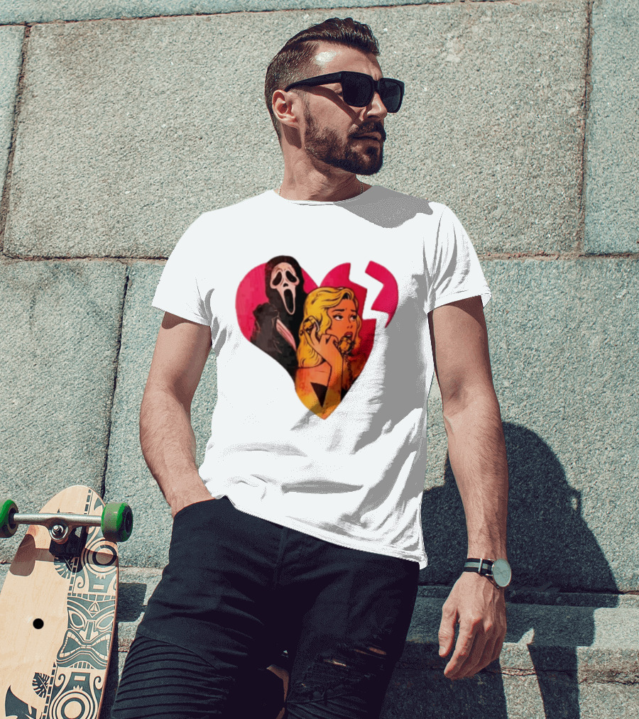 Cartoon Blonde Woman Ghostface Broken Pink Heart Knife Phone T-Shirt