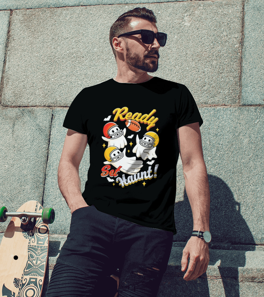 Ready Set Haunt Ghosts Football Helmet Halloween T-Shirt
