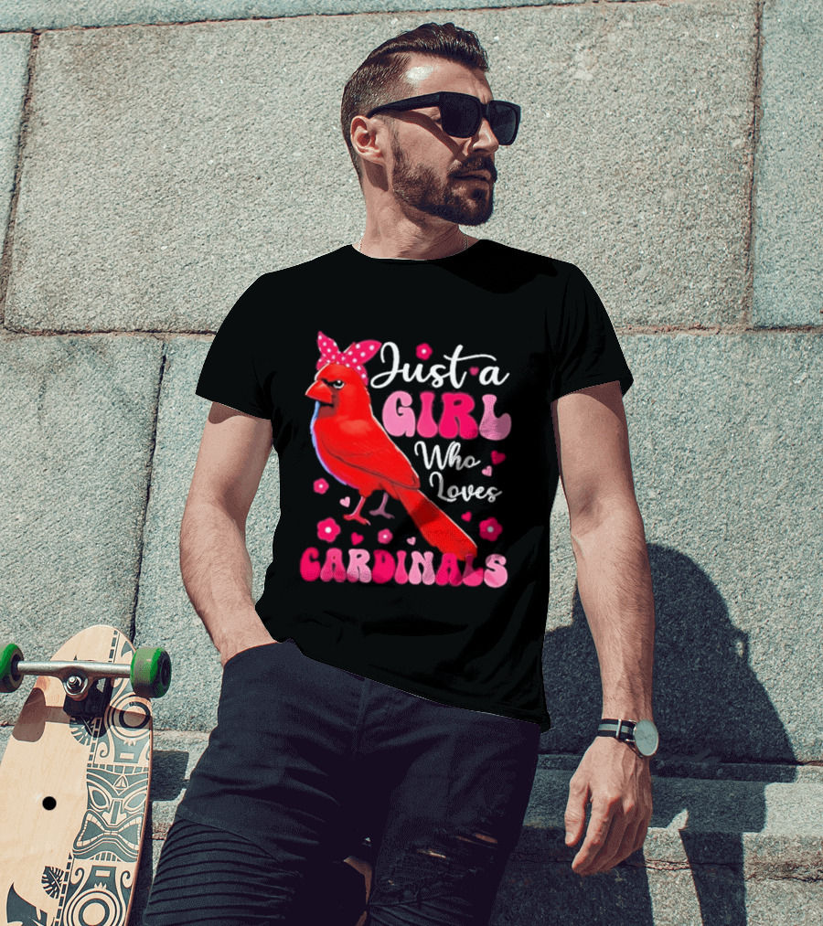 Just A Girl Who Loves Cardinals Cardinal Bird Cute Bow Pink Flowers Hearts T-Shirt