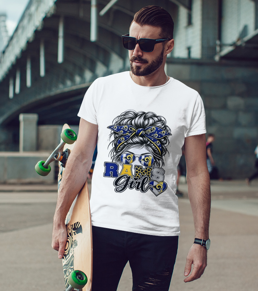 Rams Girl Messy Bun Bandana Sunglasses Fan T-Shirt