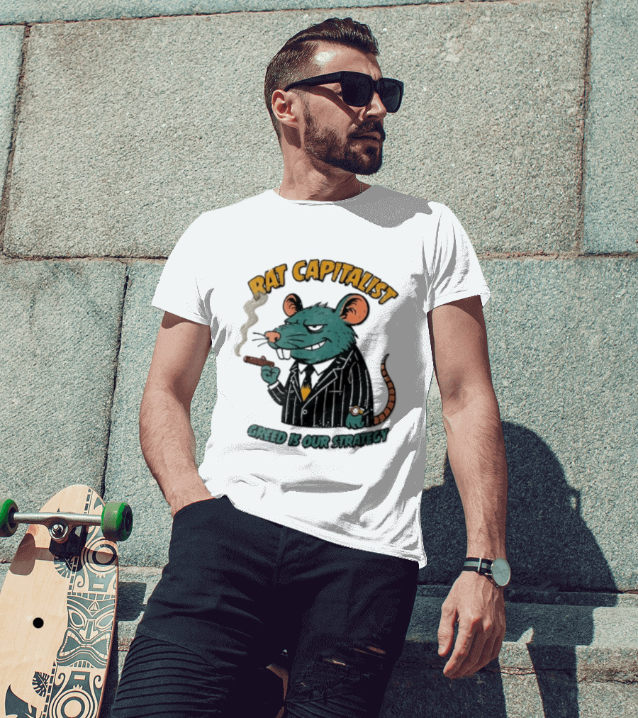 Rat Capitalist Greed Is Our Strategy Cartoon Smoking Cigar Rodent Pinstripe Suit T-Shirt