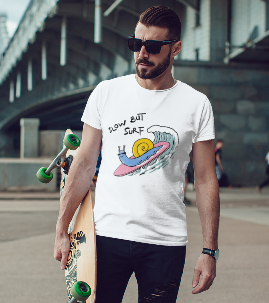 Slow But Surf Cartoon Blue Snail Riding Pink Surfboard Wave T-Shirt