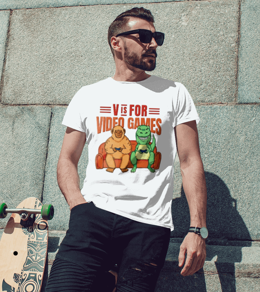 V Is For Video Games Sasquatch Dinosaur Couch Controllers Cartoon T-Shirt