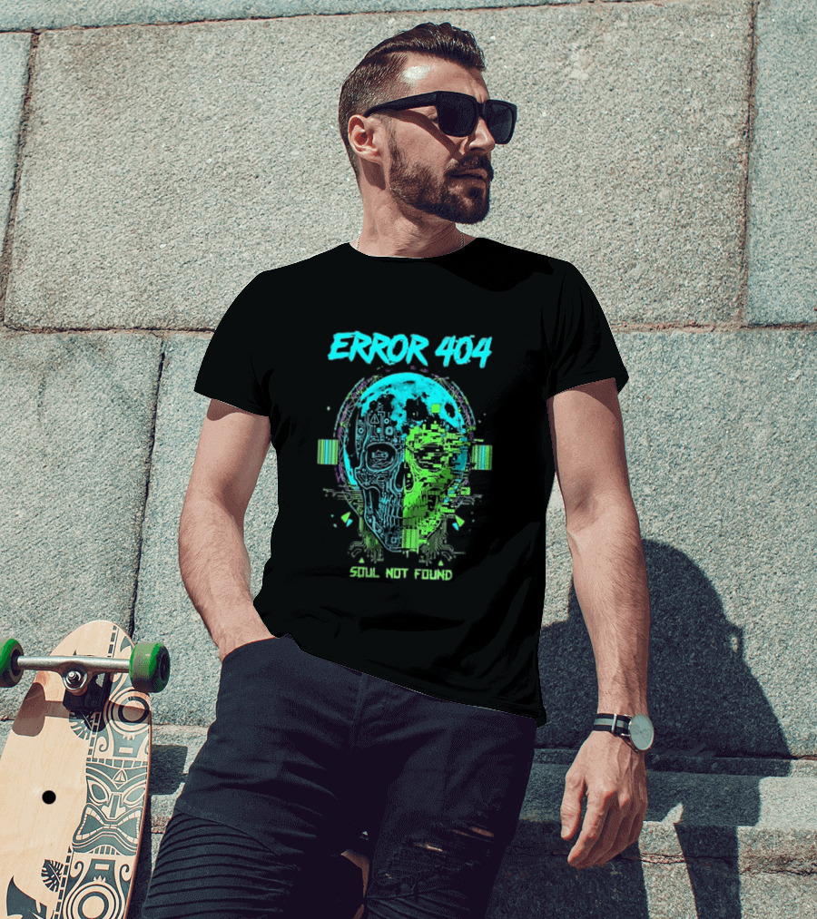 Error 404 Soul Not Found Cyber Skull Glitch Retro Tech Aesthetic T-Shirt