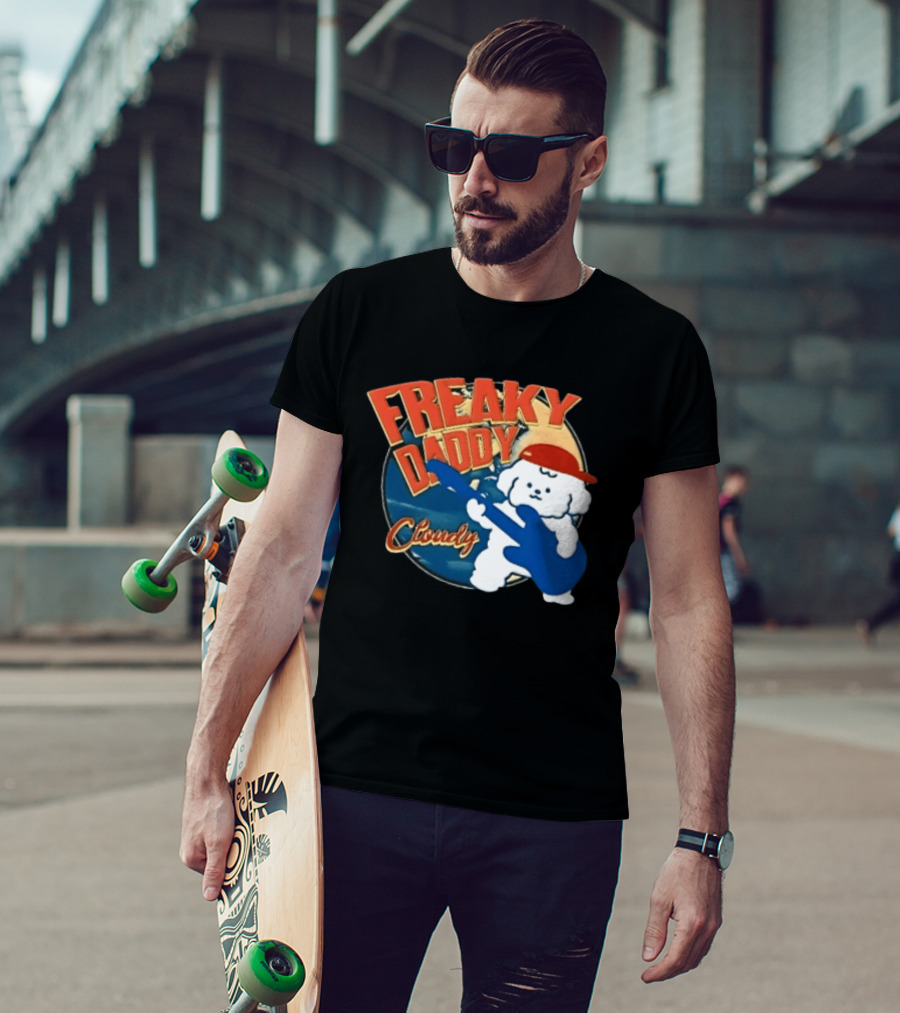 Freaky Daddy Cloudy Cartoon Dog Red Cap Playing Guitar T-Shirt