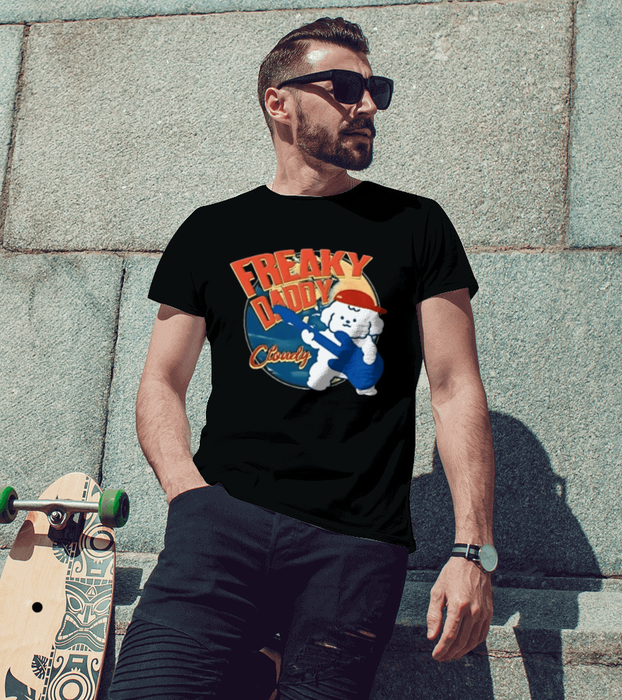 Freaky Daddy Cloudy Cartoon Dog Red Cap Playing Guitar T-Shirt