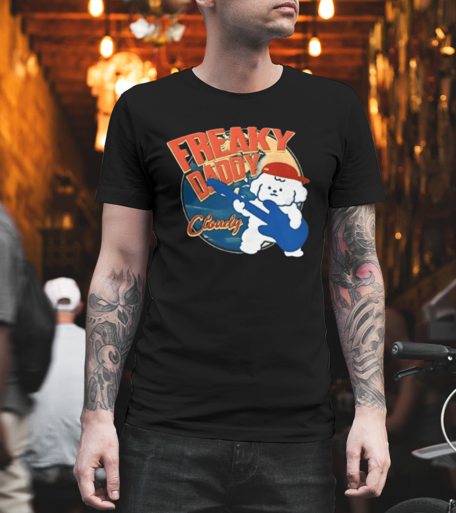 Freaky Daddy Cloudy Cartoon Dog Red Cap Playing Guitar T-Shirt