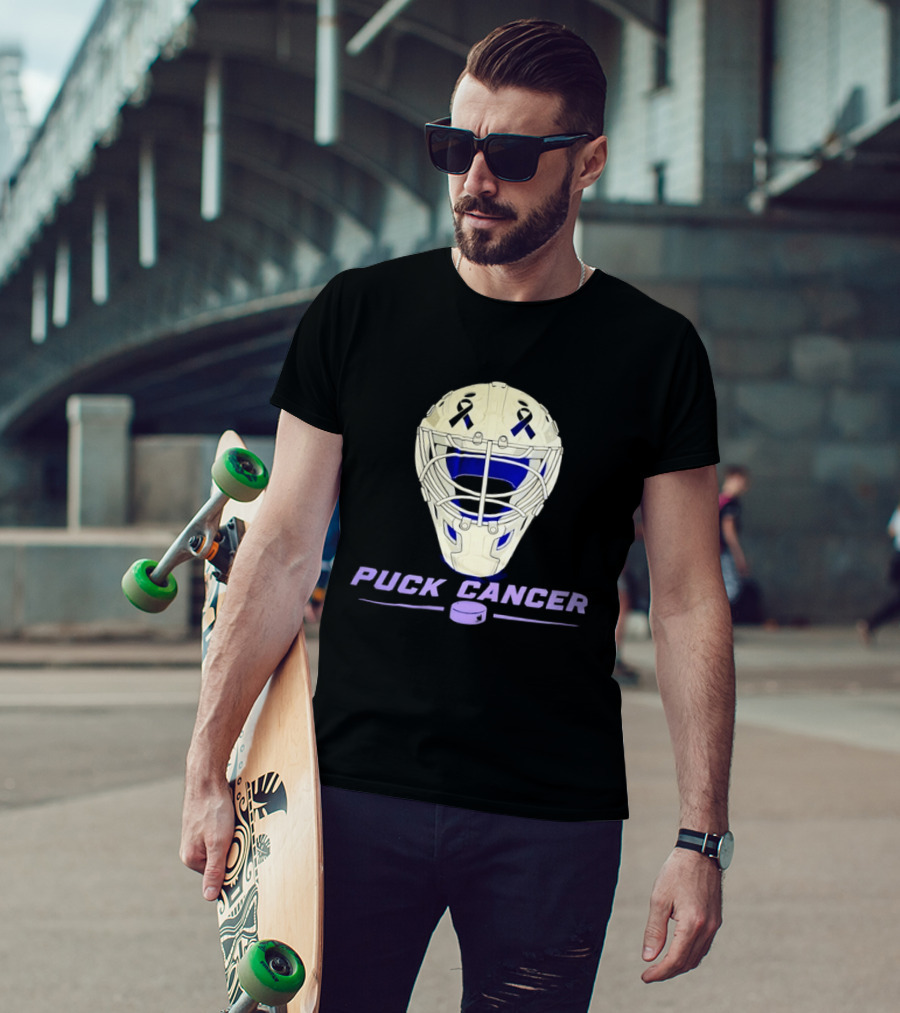 Puck Cancer Hockey Goalie Mask Awareness Purple Ribbon T-Shirt